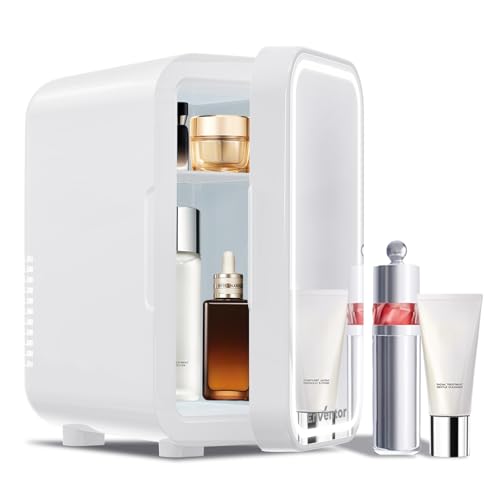 Enventor Mini-Kühlschrank 6L/8 Dosen, Kosmetik Kühlschrank mit Dimmbarem LED-Lichtspiegel, AC+12V DC, Kühler & Wärmer für Schlafzimmer, Zuhause, Auto/Hautpflege und Lebensmittel, Weiß