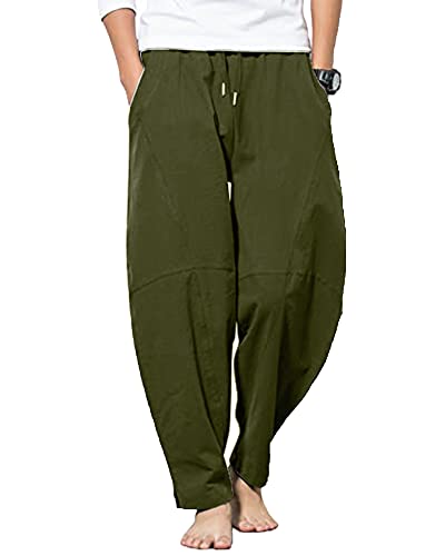 YAOBAOLE Herren Hose Baumwolle Leinen Hosen Haremshose Yogahose Freizeit Hose Herren Armeegrün 2XL