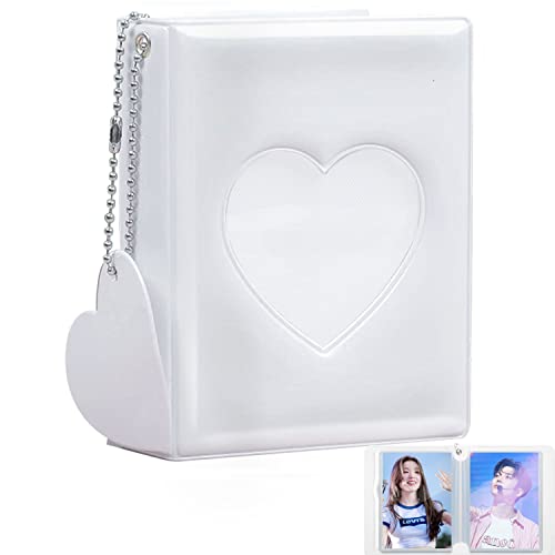 Kpop Photocard Binder, Portable Photocard Holder Kpop 3' Mini Fotoalbum Photo Kpop Album, Love Heart Hollow Kpop Binder Kpop Photocard Holder with Love Heart Pendant (32 Pockets, White)