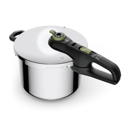 Tefal Secure Trendy Schnellkochtopf Induktion 4l, 2-Stufen-Garregler: Intensivstufe 117°C, Schonstufe 112°C, Induktions-Kapselboden, für alle Herdarten, Edelstahl/Schwarz/Grün, P2580400