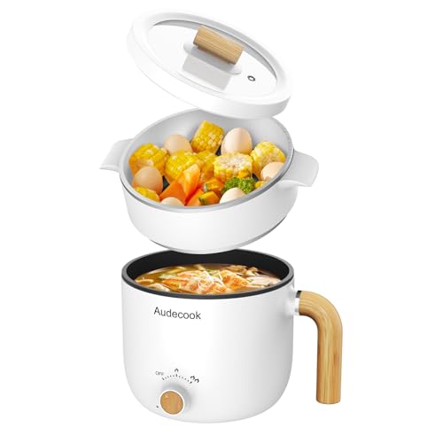 Audecook Elektrische Hot Pot und Dampfgarer, 1.5L Tragbare Mini Antihaft Multikocher, Ramen Kocher, Travel Electric Bratpfanne mit Duale Leistungssteuerung für Steak/Nudeln/Ei/Hafer (White)