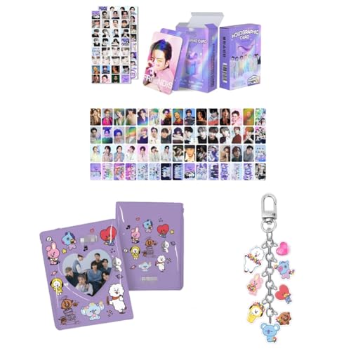 Kpop Set 60pcs Photocards Postcard, 64pcs Stickers, B.T-21 Album Binder Holder Book, B.T-21 Keyring Keychain (B.T.-s)