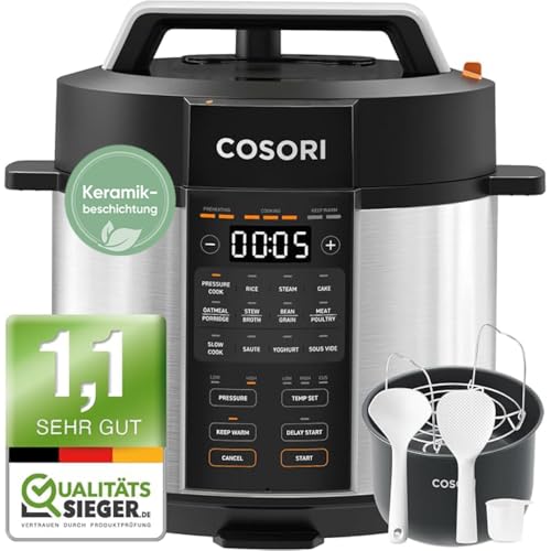 COSORI Schnellkochtopf, Keramikbeschichtung, 9-in-1, Multikocher mit 14 Funktionen, Pressure Cooker 5,7 L, Reiskocher, Dampfgarer, Joghurtbereiter, Slow cooker und Sous Vide, Rezeptbuch, Edelstahl