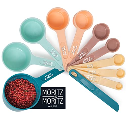 Moritz & Moritz 11-TLG. Messlöffel Set 1/4 TSP bis 1 Cup - stapelbar - Messbecher Measuring Cups und Measuring Spoons 1,25-240ml inkl. Streichlineal - Zum Kochen & Backen mit Kindern (Bunt)