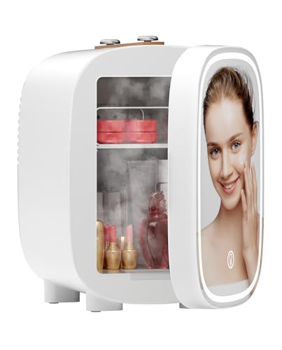 DF01A Mini Kosmetik Kühlschrank, 4L Mini-Kühlschrank mit 3-stufig LED Spiegel, Geräuscharm, Kleiner Hautpflege Kühlschrank mit Kühl- und Heizfunktion, Tragbares Design für Schlafzimmer, Büro und Auto