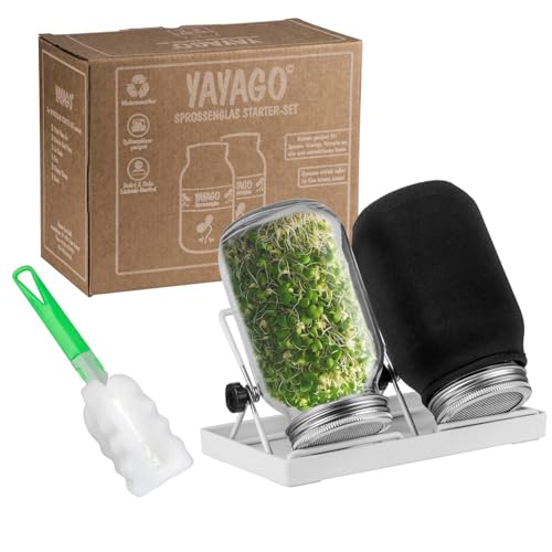 Yayago Sprossenglas Starter-Set I 2er Keimglas Set 750ml für Sprossen & Keimlinge I Anzuchtset für Kräuter, microgreens, Kresse I Inkl. Siebdeckel, Abtropfschale, Verdunklungshüllen & Reinigungsbürste