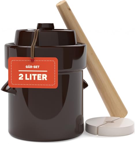 Gärtopf 2 Liter zum Einlegen & Fermentieren – Sauerkrauttopf mit Deckel, Krautstampfer & Fermentiergewichte – Gurkentopf Steintopf für Sauerkraut, Kimchi, Gurken & Essiggurken - Hochwertiges Steingut