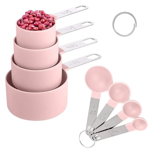 Messlöffel, 8 Teilige Messlöffel für Flüssigkeiten und Feststoffe, Edelstahl Messbecher Set,Küchenmessgeräte, Messlöffel zum Backen, Küche Kochen Backen,Rosa