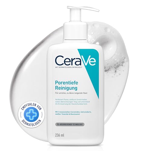 CeraVe Schäumendes Reinigungsgel für das Gesicht, Porentiefe Reinigung bei unreiner und zu Akne neigender Haut, Mit Salicylsäure, weißer Tonerde und Niacinamid, 236 ml