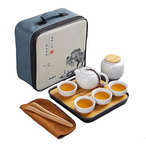 Webao Teekanne Sets, Chinesisches Kungfu Teeservice, Keramik Teekanne mit 4 Tassen und Teedose Tablett, All-in-One Geschenk Reiseteeset für Losen Tee, Weiß