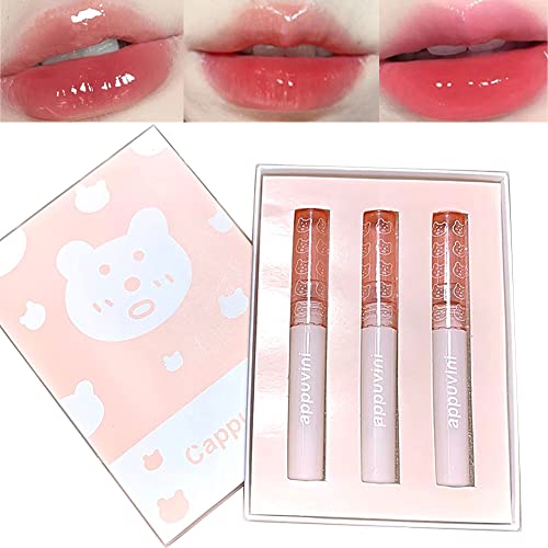 Sitovely 3Pcs Spiegel Wasser Lip Gloss Glas Flüssigkeit Lippenstift Set, feuchtigkeitsspendende Lip Glaze Lip Tint, Hydratisierte Hochpigmentierte Lippen Makeup Geschenksets für Mädchen und Frauen (A)