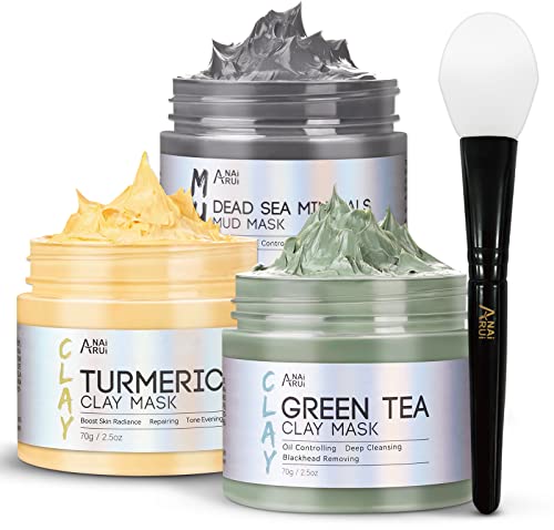 ANAiRUi Kurkuma Gesichtsmaske - Grüner Tee Ton Maske - Totes Meer Mineralien Schlamm Maske, Spa Gesichtsmasken Set zur Tiefenreinigung, Entgiftung und Reduzierung von Akne und Mitesser, 210 g