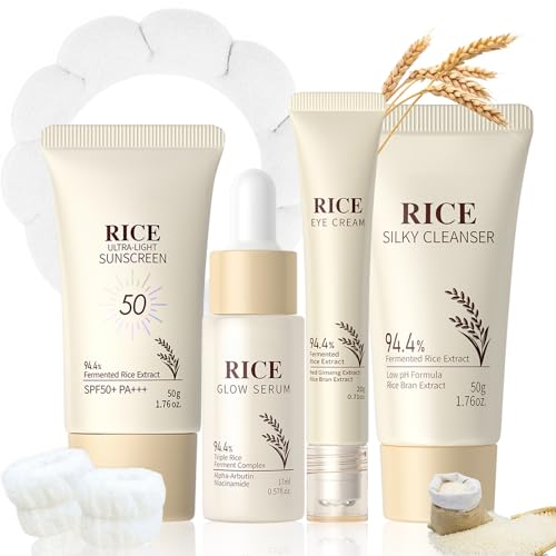 Reis Gesichtspflege Skincare Set, 5PCS Reis Kosmetik Geschenkset Damen, Rice Damen Set Skin Care, Tiefe Feuchtigkeit Korean Skincare Set, Mit Gesichtsreiniger, Gesichtsserum, Augencreme, Sonnenschutz