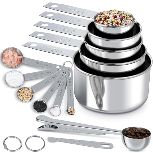 Fire More 13 Stück Edelstahl Messbecher und Messlöffel Set, Scoop mit Clip, Dosierlöffel Set mit Kaffeelöffel Portionierer, 5 Measuring Cups und 6 spoons mit Messlineal, Zum Kochen, Backen, Getränke