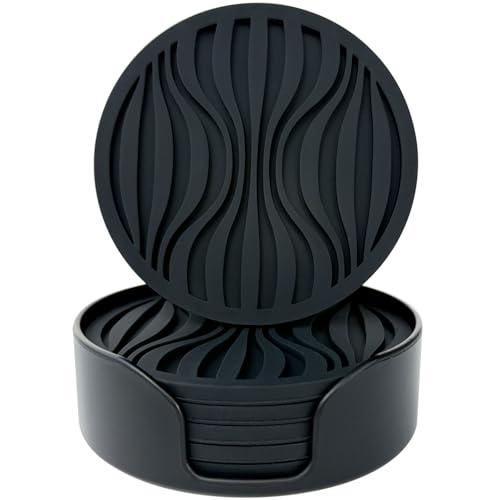 Silikon Untersetzer 6er Set，Dickes Design(0.5cm) Runde Untersetzer Topf,Topfuntersetzer Hitzebeständig,Getränke Untersetzer, Kaffee Pads Bier Bar Matte,mit Mustern rutschfest (Schwarz)