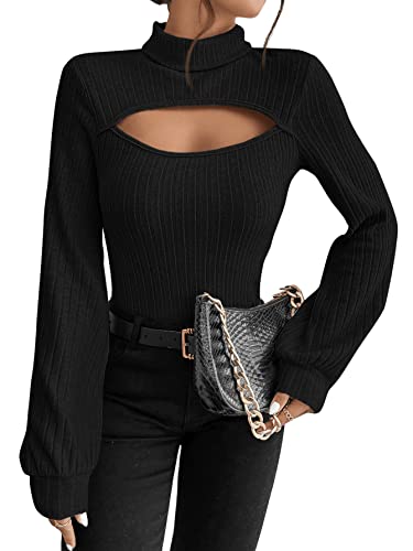 GORGLITTER Langarmshirt Damen Elegant Strickpullover Cut Outs Pullover Mit Stehkragen Ausschnitt Oberteil Top Bluse Mit Laternenärmeln Schwarz M