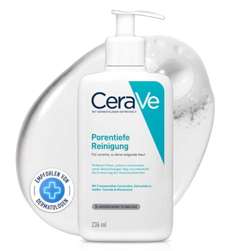 CeraVe Schäumendes Reinigungsgel für das Gesicht, Porentiefe Reinigung bei unreiner und zu Akne neigender Haut, Mit Salicylsäure, weißer Tonerde und Niacinamid, 236 ml