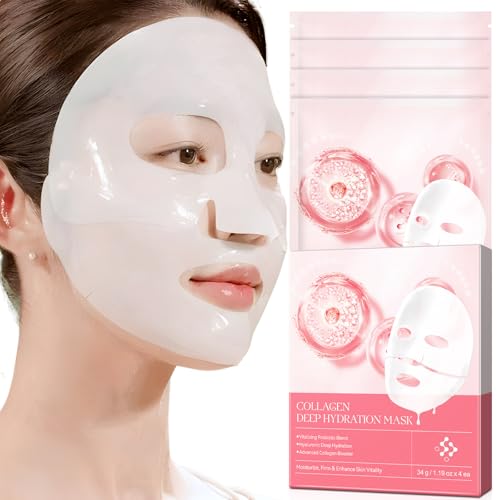 Organic Collagen Real Deep Mask - Overnight Face Masks & Face Cures Collagen Mask, Anti-Wrinkle Lifting Facial Mask, Moisturising Collagen Sheet Mask with Hydrolysed Skin Care (4 Stück - rosa)