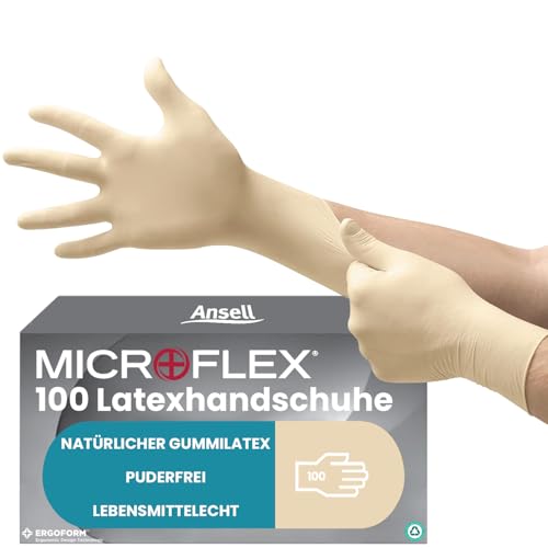 Ansell Microflex 63-864, Einmalhandschuhe mit Texturierten Fingerspitzen, Latexhandschuhe industriegeeignet, Lebensmittelhandschuhe zertifiziert, Arbeitshandschuhe, Einweghandschuhe, 100 Stück, Gr. L