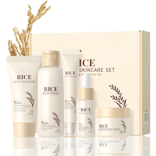 5 Stück Reis Skincare Set, Korean Skincare Set für Damen, Rice Gesichtspflege Set mit Gesichtscreme+Serum+Toner+Augencreme+Cleanser, Feuchtigkeit & Beruhigende Pflege,Anti-Aging Geschenkset für Frauen