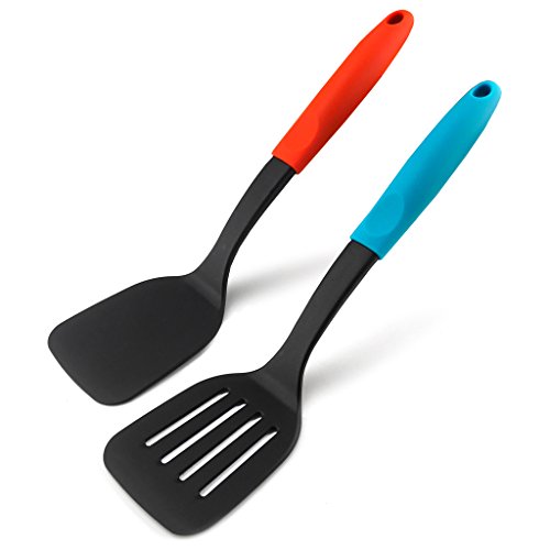 LEMCASE Bratenwender, Pfannenwender aus Nylon (2 Stück Set) - Küchen Schlitzwender mit Silikon Griffe | Orange und Blau