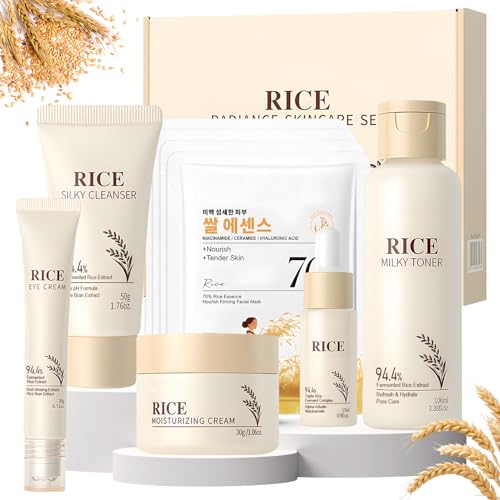Reis Korean Skincare Set, Gesichtspflege Set Damen, Skincare Set Korea mit Cleanser, Face Mask, Rice Toner, Face Cream, Eye Cream, Serum Gesicht, 9 Stück