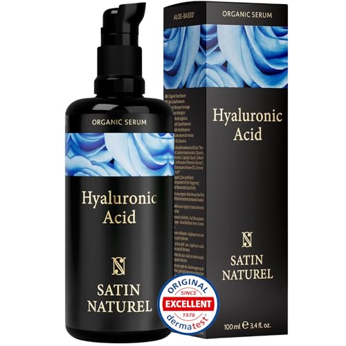 Hyaluron Serum hochdosiert 100ml - 24h Feuchtigkeit - Hyaluronsäure Serum Gesicht - Vegan - Gesichtspflege Männer und Frauen - Anti Aging Hyaluronic Acid Gesichtsserum mit BIO Aloe Vera, Satin Naturel