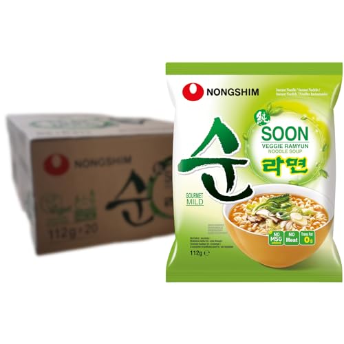 Nong Shim Instantnudeln Soon Veggie Ramyun – Koreanische Gemüse Ramen Suppe mild - schnelle Zubereitung – 20er Vorteilspack à 112g