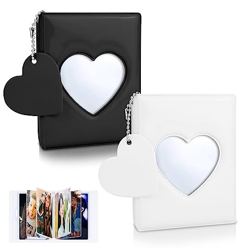 CIOUYAOS 2pcs Kpop Photocard Binder Fotoalbum, 3 Inch 64 Taschen Mini Herz Kpop Photo Album mit Schlüsselanhänger, Kleines Photocard Holder für Sammeln Bild Lomo Card (Schwarz+Weiß)