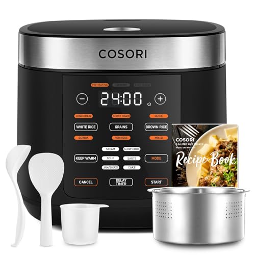 COSORI Reiskocher, Multikocher mit 17 Programme, Rice Cooker 5 L, Fuzzy-Logik, Dampfgarer mit Edestahleinsatz, Rezeptbuch, Slow Cooker, Premium Innentopf, Warmhaltefunktion, Timer, Schwarz