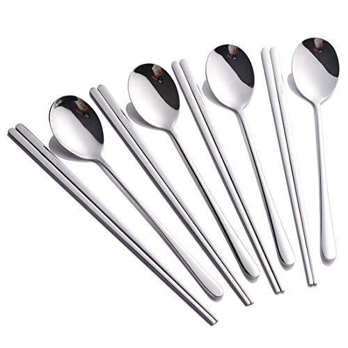 Buyer Star 4-teiliges Set Löffel und Essstäbchen, Tafelservice aus 18/10 Edelstahl, koreanische Essstäbchen, Löffel-Set (8 Stück, Silber)