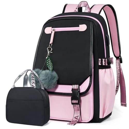 Bevalsa Schulrucksack mit Lunchtasche Schultaschen-Set für Mädchen Teenager Damen Schulranzen Modisch Rucksack Campus Laptop Backpack 20L Nylon Wasserdicht Daypack (Schwarz-Rosa)