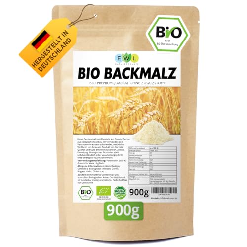 EWL Naturprodukte Backmalz Bio Malz, 100% deutsche Gerste Gerstenmalz, Backmalz für Brot und Brötchen, ballaststoffreicher Mehlzusatz, Gerstenbackmalz Brötchenbackmittel Vegan 900g