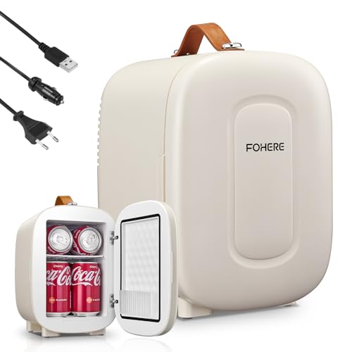 FOHERE Mini Kühlschrank 5 Liter /6 Dosen, Zusätzliche USB-Stromversorgung, 220V AC/12V DC, Getränke & Skincare Mini-Kühlschrank für Schlafzimmer, Auto, Schlafsäle, Büro Schreibtisch, Weiß