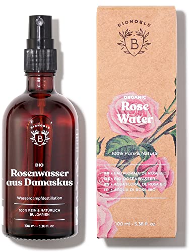 Bionoble Rosenwasser Bio 100ml - Hydrolat aus Damaszener-Rosen 100% Rein und Natürlich - Gesicht, Augenpartie, Körper, Haare - Rose Water - Glasflasche + Spray