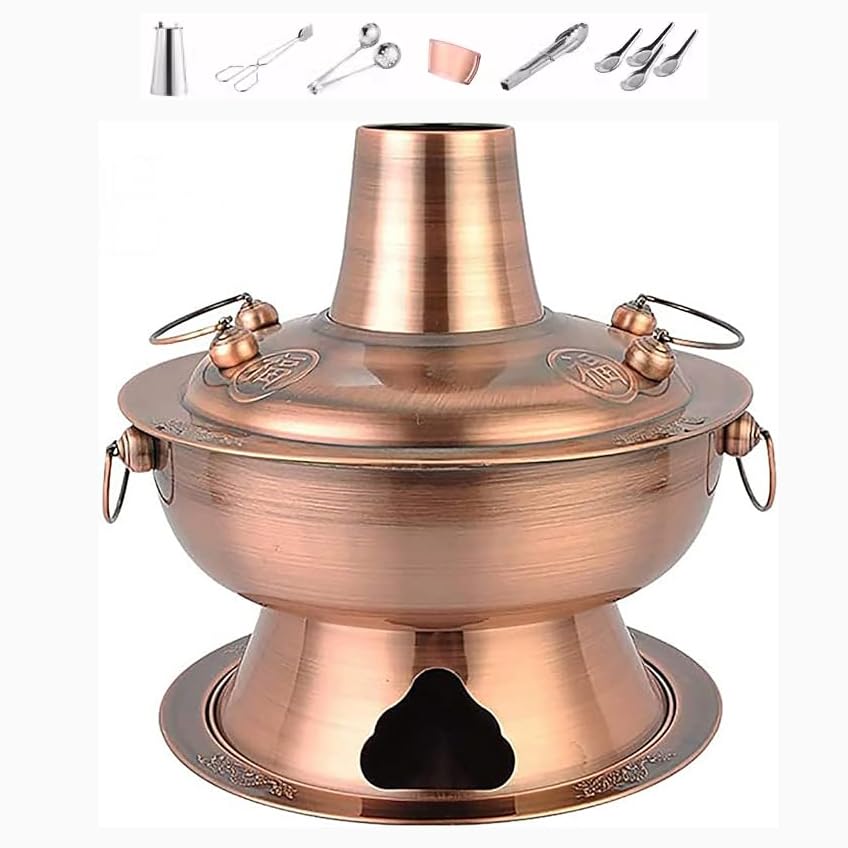 Yiustldd Mongolischer Hot Pot, klarer Suppen-Hotpot und chinesischer Holzkohle-Heiztopf sind geeignet mit Schornstein, mit Undichter Löffel und Löffel,Messing,34CM