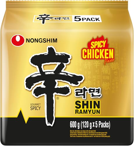 Nong Shim Instantnudeln Shin Ramyun Chicken - Koreanische Ramen Nudelsuppe mit Huhn scharf - schnelle Zubereitung - 1er Multipack - 5 x 120g