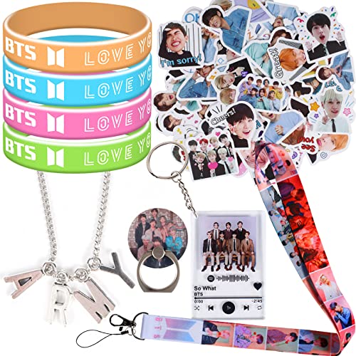 BTS Geschenk-Set – 60Aufkleber/ 4 Armband/ 1 Handyhalter/ 1 Halskette/ 1 Schlüsselanhänger / 1 Schlüsselschnalle, Kpop BTS Merchandise Geschenke Set für die Army