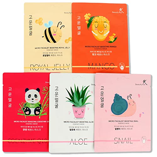 Koreanisches 5er-Set Gesichtsmasken: Aloe Vera, Gelée Royale, Schneckenschleim, Mango & Q10 - Feuchtigkeit & Hautpflege