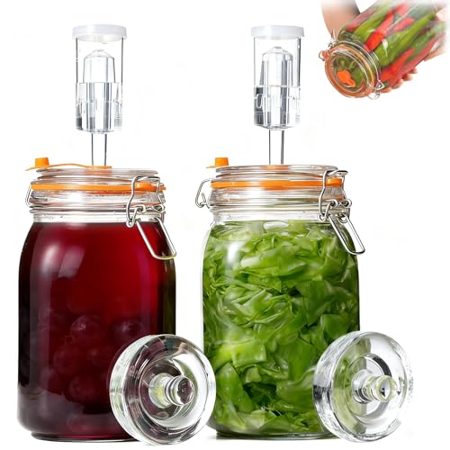 Euablfo 1,5L Fermentierglas Kimchi Behälter Fermentationsglas mit Gärventil und Gewicht Jar für Sauerkraut Kimchi Kombucha Fruits and vegetables Pickled Sauerteigstarter einmachglas 2 Fermentier Set