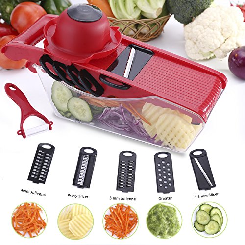 Acale Mandoline Slicer Gemüse Schneider - 5 in 1 Multi Gemüsehobel, Mandoline Reibe für Schneide, Gemüse Obst schnell und gleichmäßig Gemüseschneider Slicer mit 5 Verschiedene Wechselklingen (Rot)