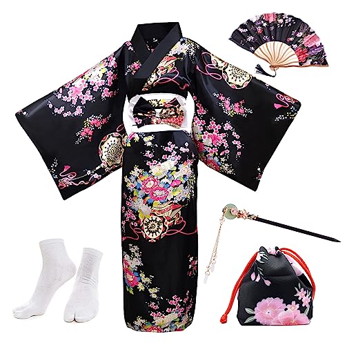 PLULON 5-teiliges japanisches Geisha-Yukata-Kleid, Blüten-Satin-Bademantel mit Kordelzug, Handfächer, Haarnadel, Tabi-Socken-Set für Frauen