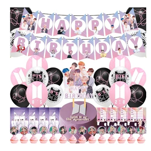 BTS Birthday Party Kit Supplies For Bangtan Boys Theme Party Decorations for Boys Girls Including 1 Happy Birthday Banner, 1 Cake Topper, 11 Cupcake Toppers, 16 Balloons