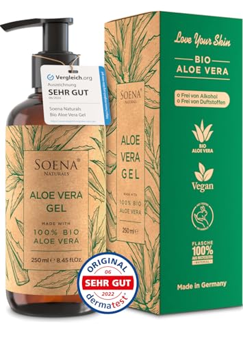 Aloe Vera Gel BIO - Vegan | Mit PUREM BLATTSAFT | 100% NATÜRLICH & REIN | Feuchtigkeitscreme Gesicht & Körper | Feuchtigkeitspflege von Soena Naturals | Aloe Vera Gel 100 Prozent - After Sun