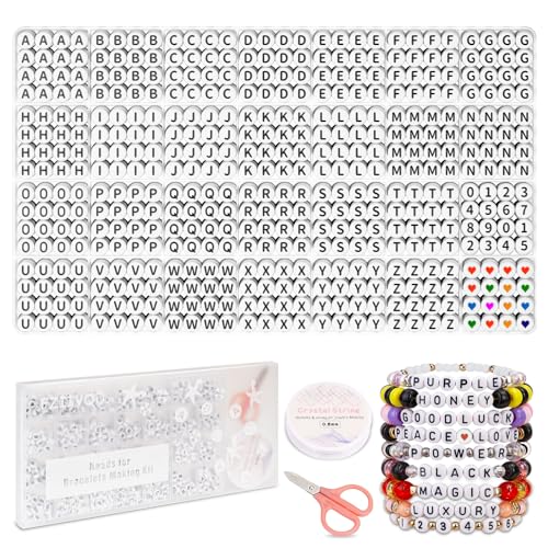 FZIIVQU 1450 Stück Buchstabenperlen Set, 4x7 mm Weiße Acryl Rund Alphabet Perlen für Armbänder, Zahlen Herz Letter Beads, DIY Schmuck Basteln Kreativität Geschenk Friendship Bracelet Kit