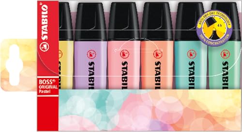 Textmarker - STABILO BOSS ORIGINAL Pastel - 6er Pack - pudriges Gelb, cremige Pfirsichfarbe, rosiges Rouge, Schimmer von Lila, Hauch von Minzgrün, zartes Türkis