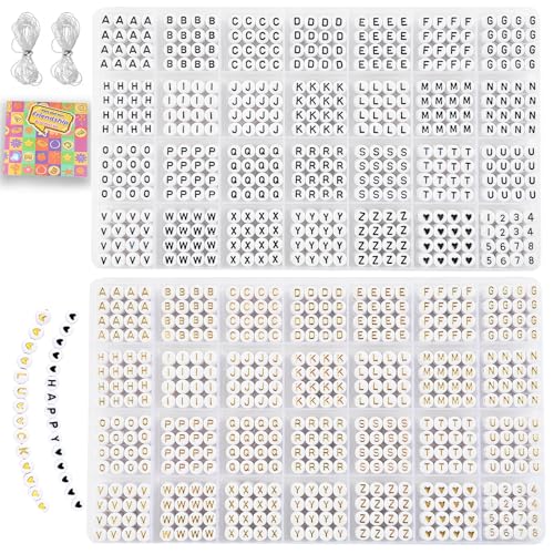 SJZWSD 2000+ Stücke Buchstaben Perlen, 2 Box Set Alphabet Perlen für Armbänder, Runde Zahl & Herz Perlen, 5M Elastische Schnur Schmuck Bastelset, Ideal für Freundschaftsarmbänder (Schwarz + Gold)